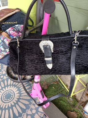 Vintage Raviani Black Sheep Fur Shoulder Bag with Crystal Buckle